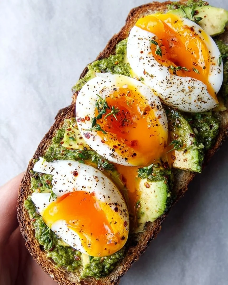 Pesto avocado toast topped with eggs on a plate