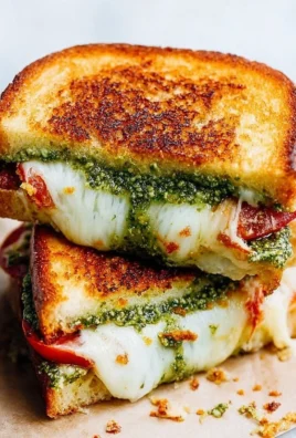 Pesto grilled cheese sandwich with melted cheese and fresh basil pesto