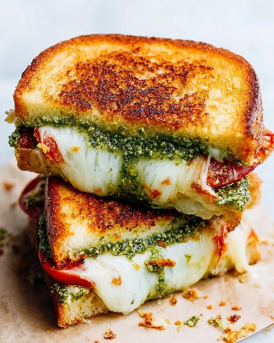 Pesto grilled cheese sandwich with melted cheese and fresh basil pesto