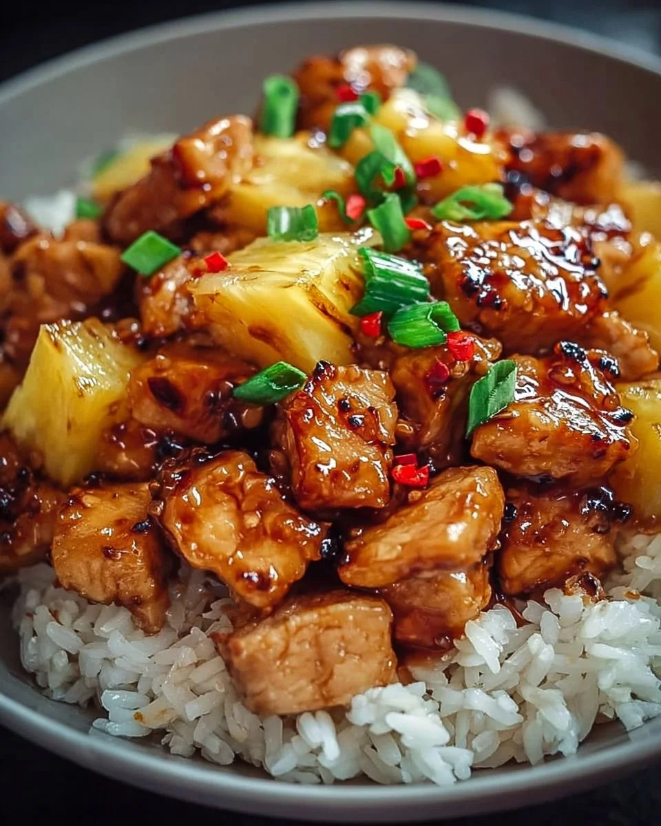 Delicious Pineapple Chicken served with fluffy rice and colorful vegetables