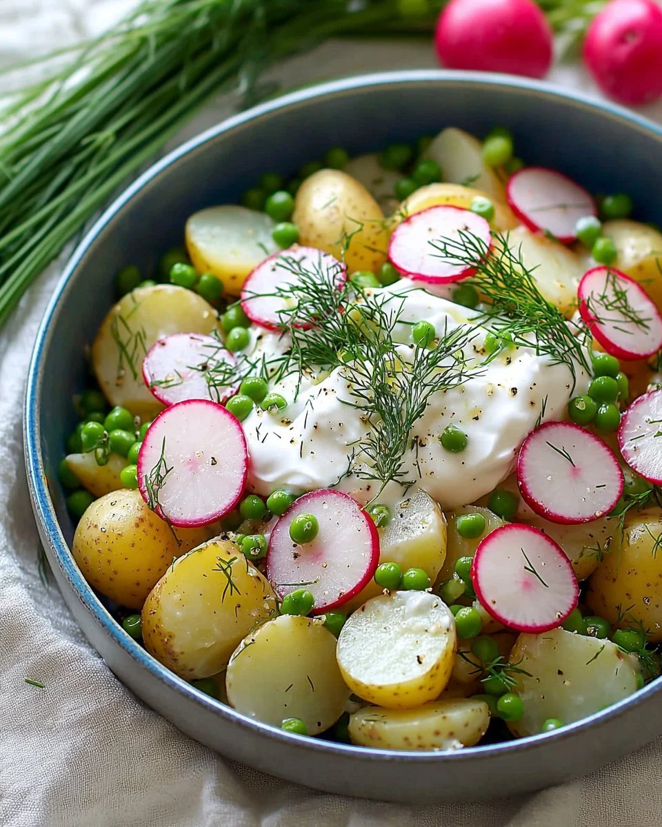 Delicious potato salad with radishes in a serving bowl