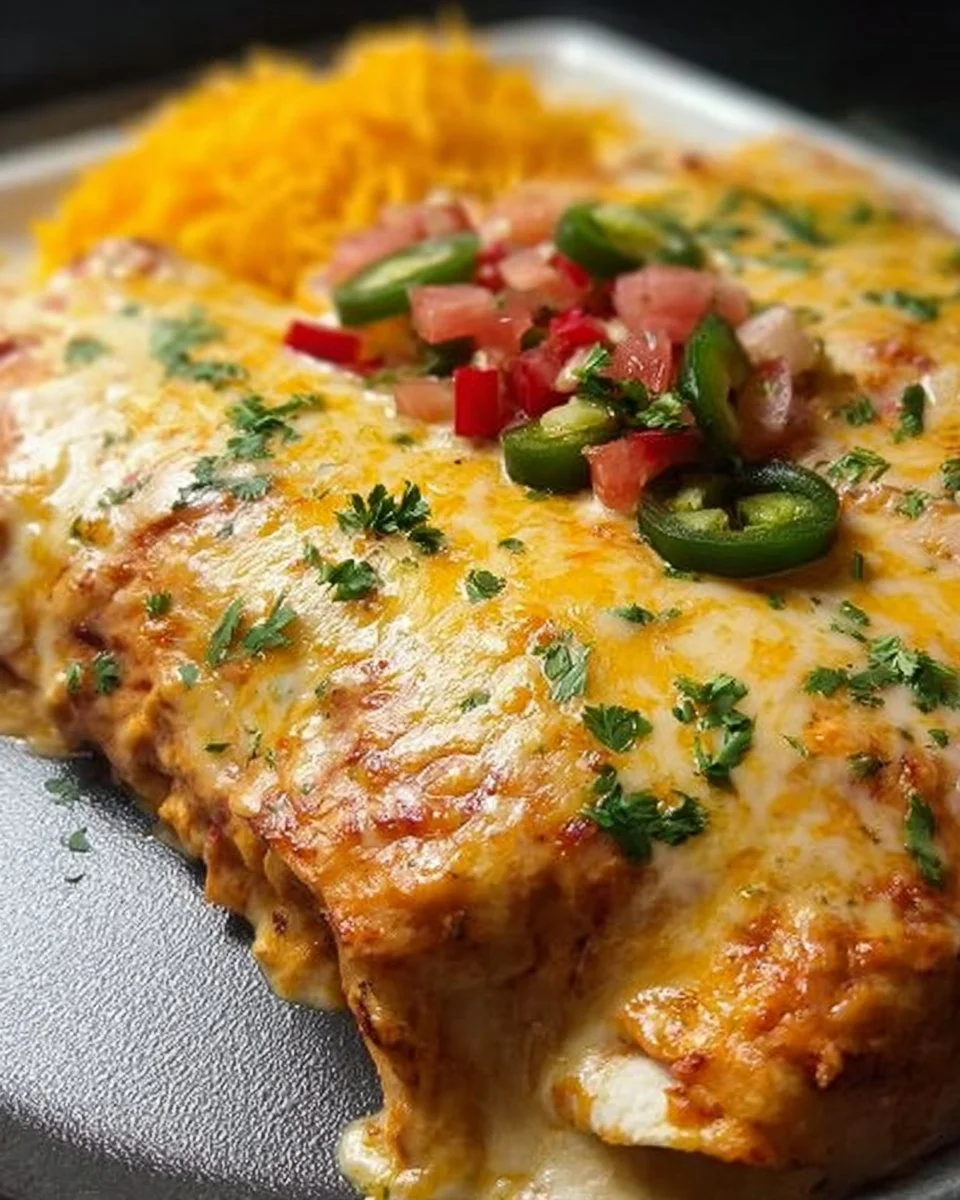 Delicious queso chicken enchiladas topped with melted cheese and served on a plate