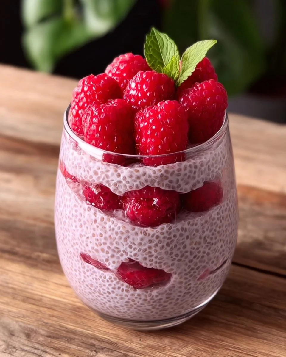 Delicious Raspberry Chia Pudding served in a glass bowl with fresh raspberries.