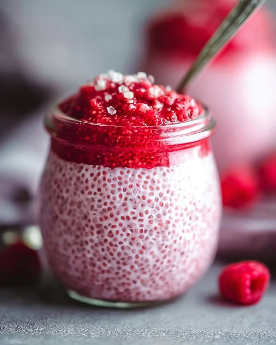 Raspberry Chia Pudding sweetened with maple syrup in a glass bowl