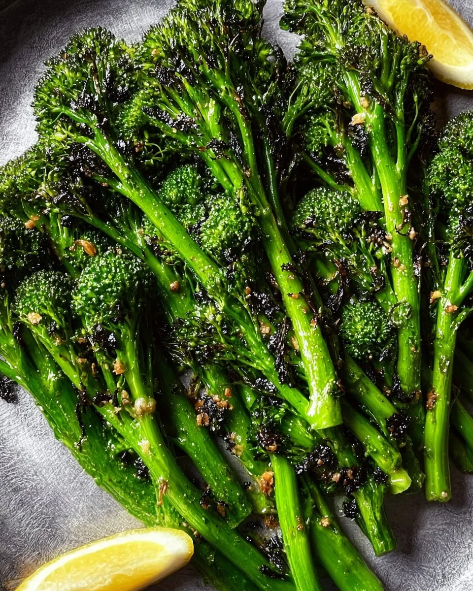 Plate of golden roasted broccolini, garnished and ready to serve.