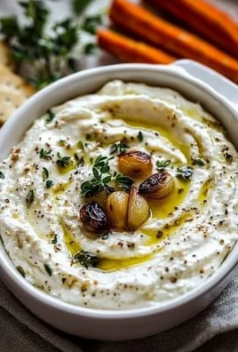 Bowl of roasted garlic goat cheese dip with fresh herbs and pita chips