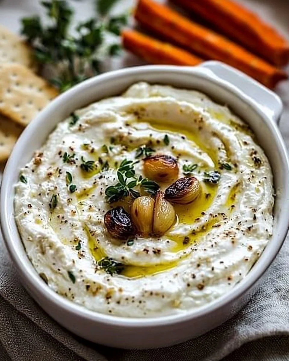 Bowl of roasted garlic goat cheese dip with fresh herbs and pita chips