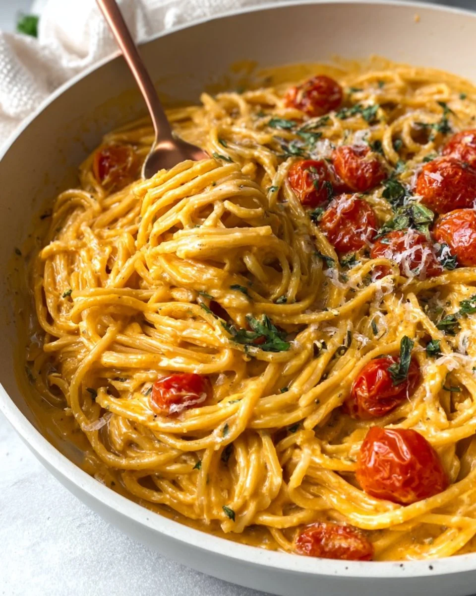 Roasted tomato and garlic ricotta pasta topped with fresh herbs and cheese.