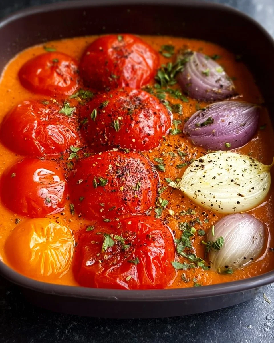 Bowl of roasted tomato and pepper soup garnished with fresh herbs.