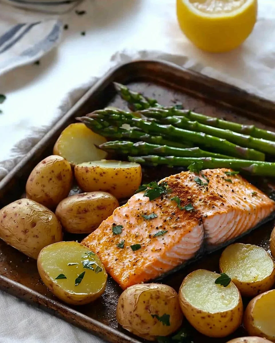 Salmon, potato, and asparagus on a sheet pan for a healthy meal.