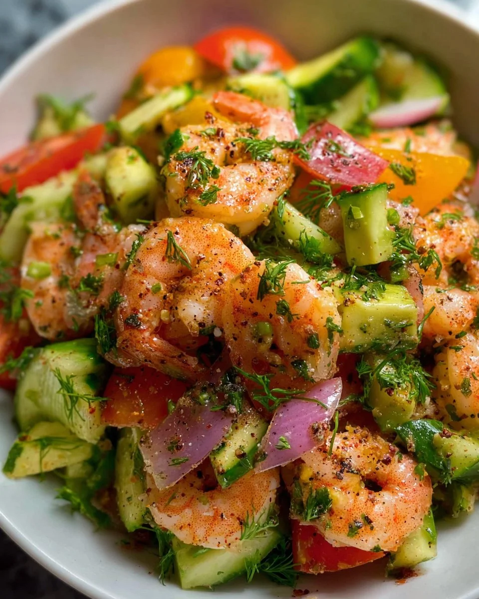 Delicious shrimp salad featuring fresh ingredients and vibrant colors.