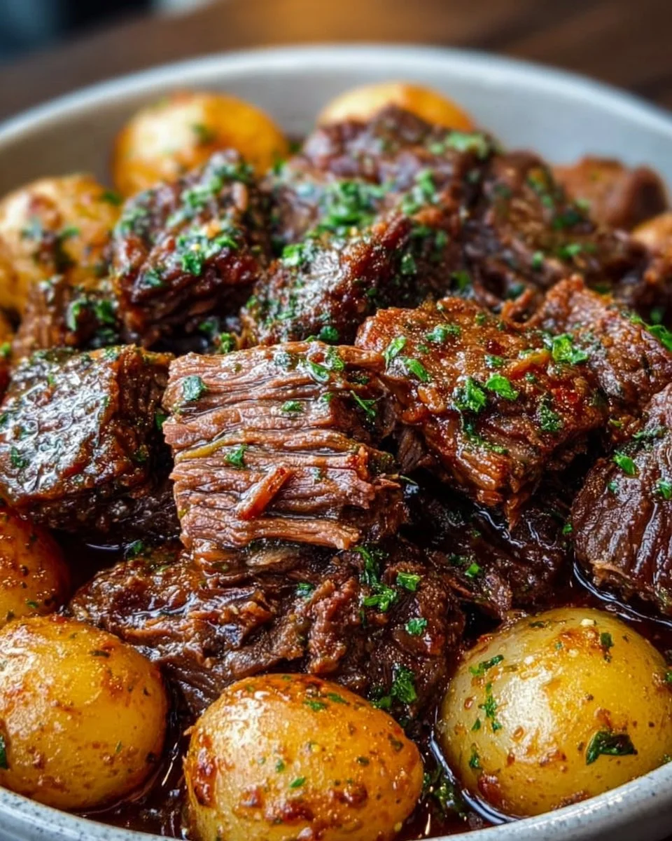 Slow Cooker Garlic Butter Beef with Potatoes served on a plate