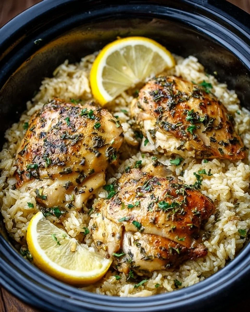Slow Cooker Lemon Herb Chicken served with rice in a bowl