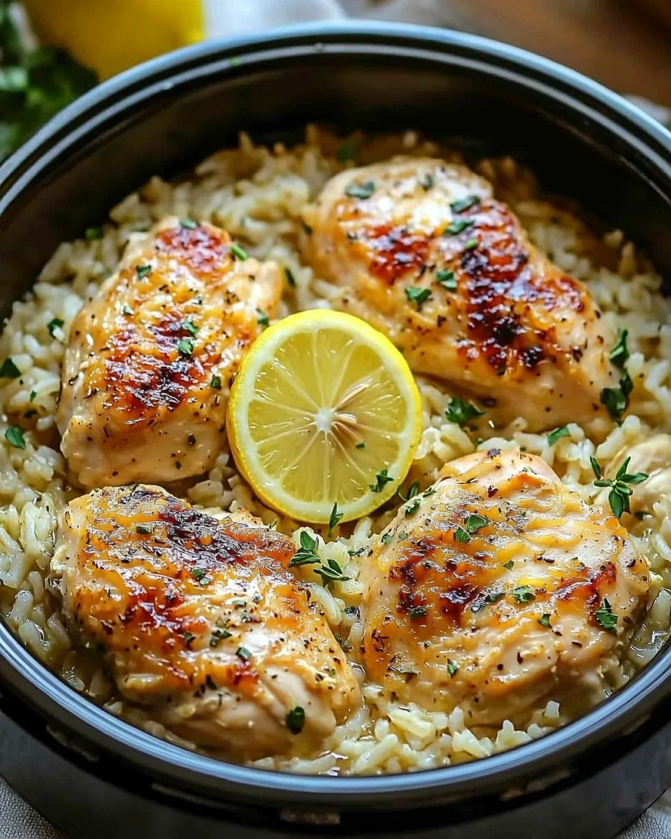 Slow Cooker Lemon Herb Chicken served with rice on a plate
