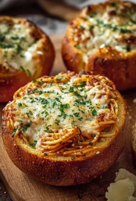 Spaghetti Garlic Bread Bowls filled with savory spaghetti and garlic butter flavor