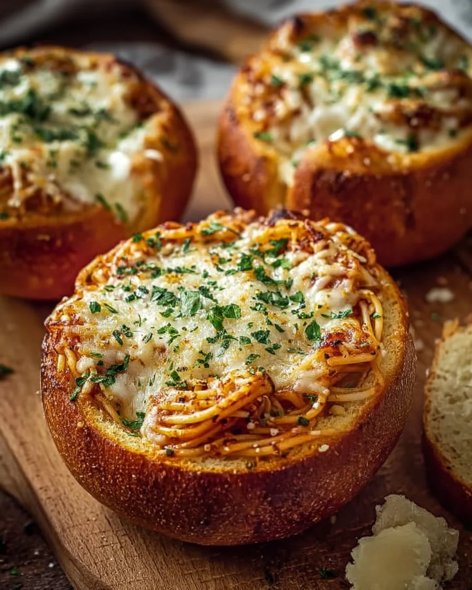 Spaghetti Garlic Bread Bowls filled with savory spaghetti and garlic butter flavor