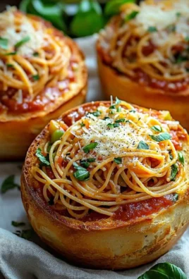 Spaghetti garlic bread bowls served with fresh herbs and cheese.