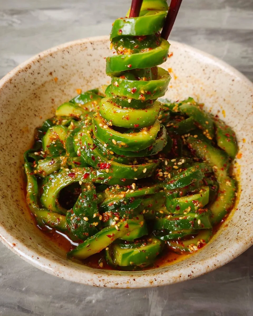 Spiral cucumber salad with Korean flavors, vibrant and healthy side dish.