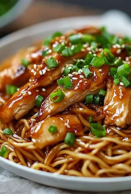 Delicious sticky garlic chicken noodles with fresh herbs and vegetables