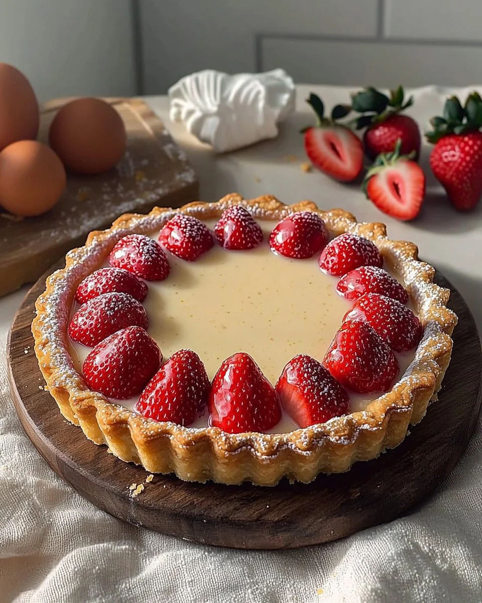 Freshly baked Strawberry Custard Tart topped with ripe strawberries