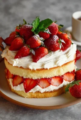 Delicious strawberry shortcake cake topped with fresh strawberries and whipped cream