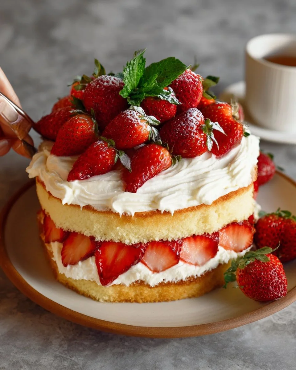 Delicious strawberry shortcake cake topped with fresh strawberries and whipped cream