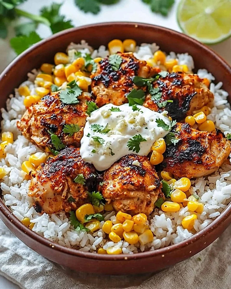 Delicious Street Corn Chicken Rice Bowl topped with fresh ingredients
