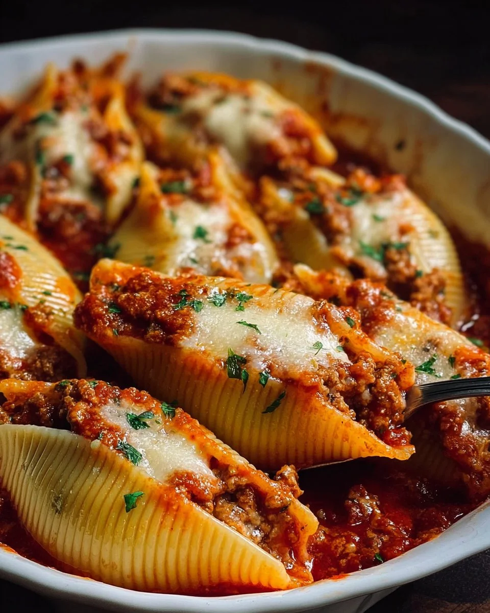 Baked stuffed pasta shells filled with cheese and herbs topped with marinara sauce