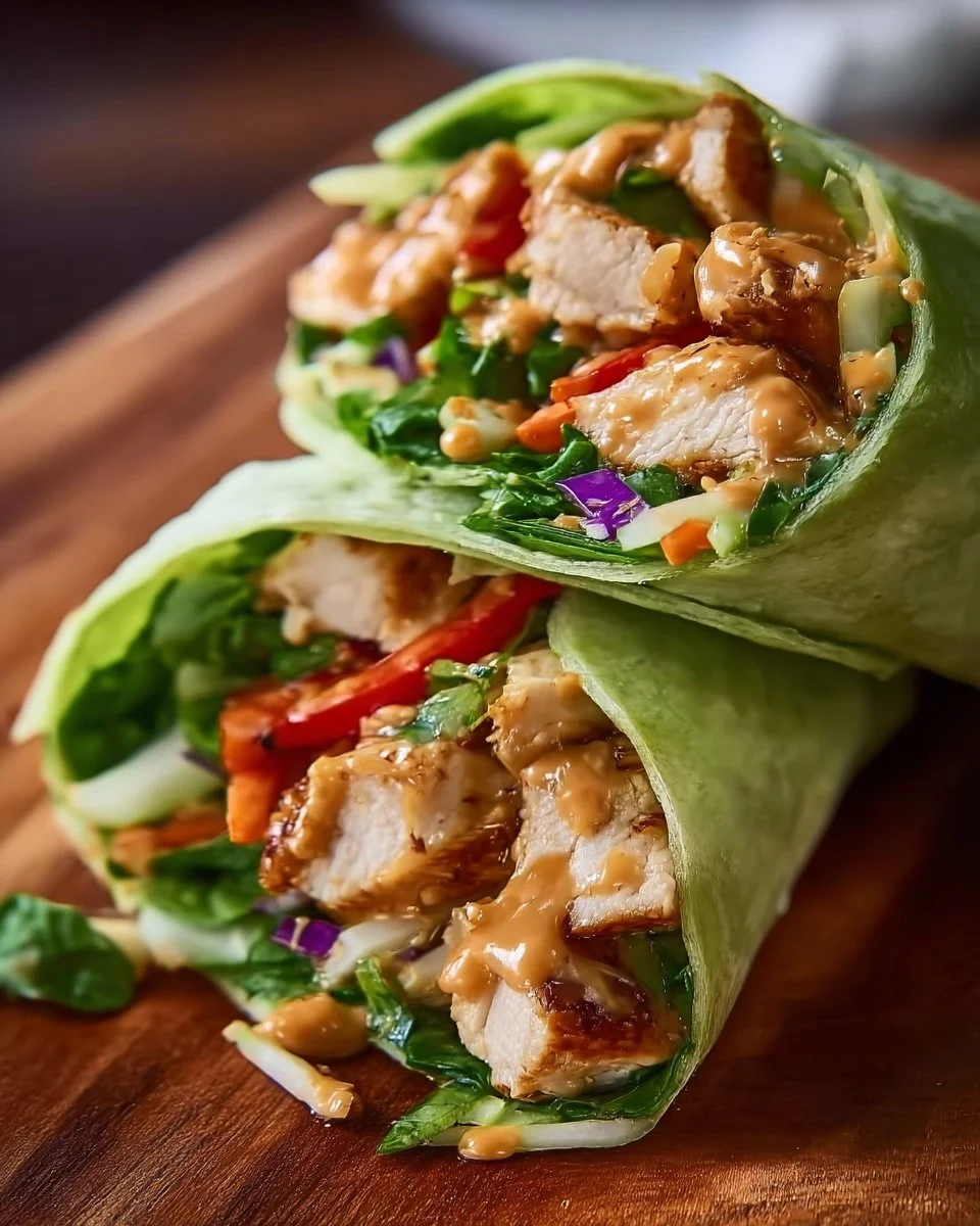 Delicious Thai Peanut Chicken Wraps loaded with fresh vegetables and peanut sauce