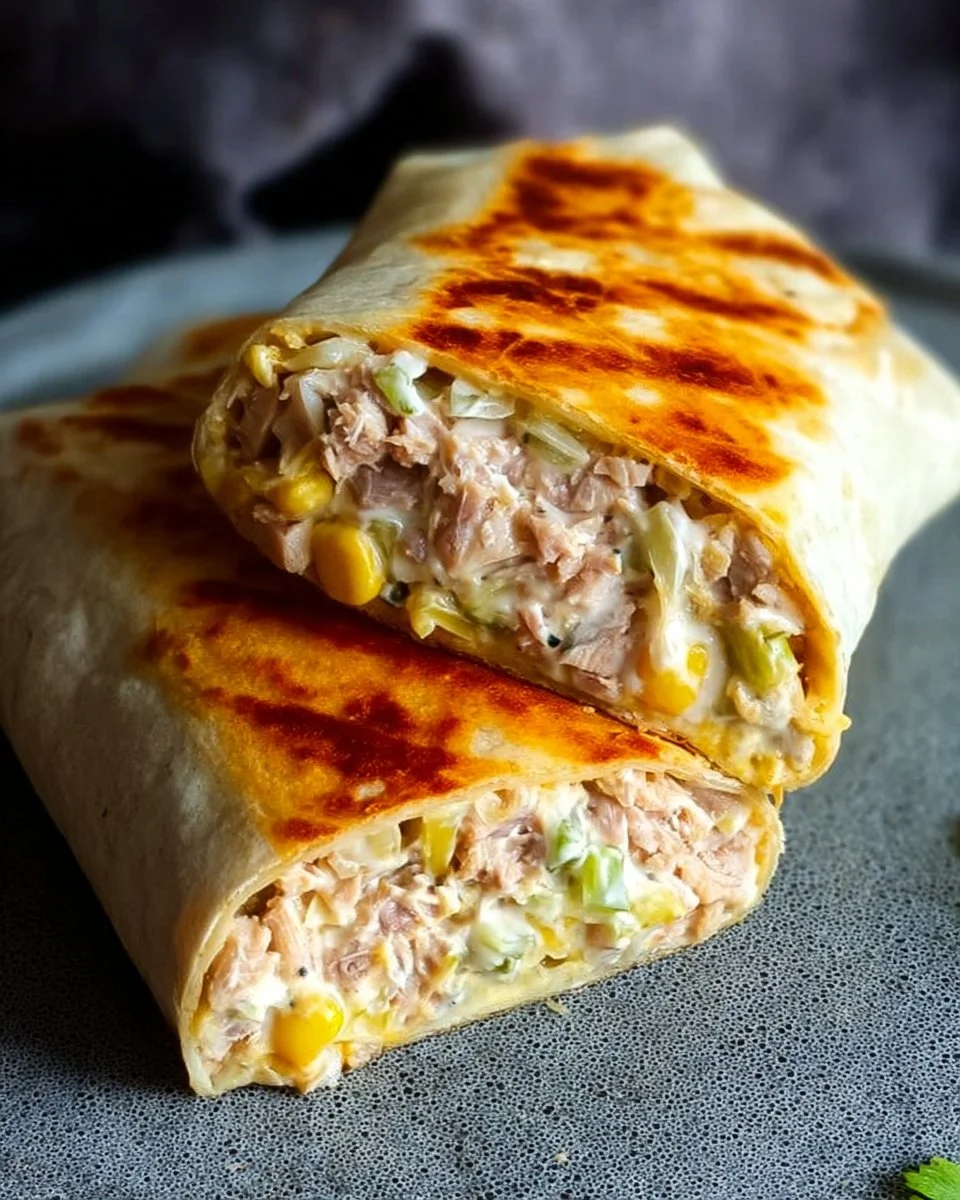 Delicious tuna melt wrap with cheese and tuna filling