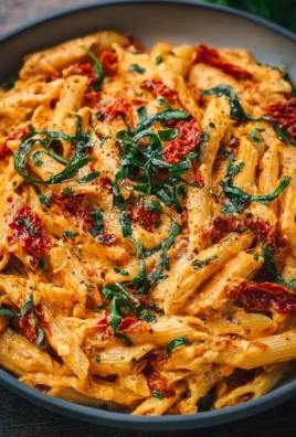 Vegan creamy sun dried tomato pasta garnished with fresh basil