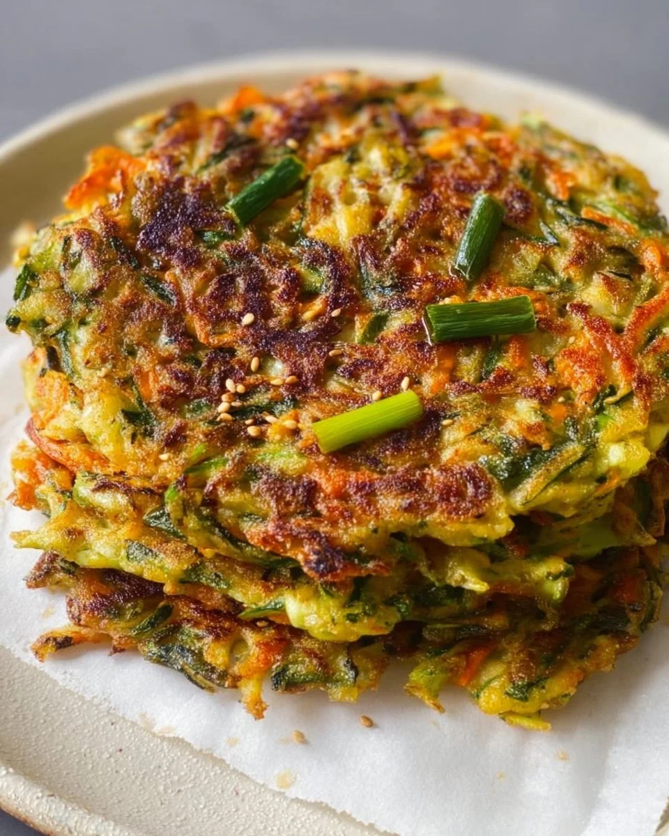 Delicious vegan vegetable pancakes served on a plate with fresh vegetables.