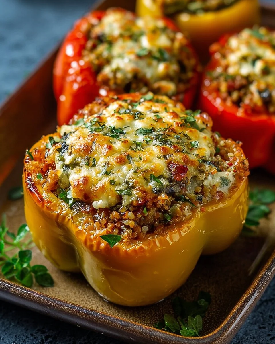 Plate of delicious vegetarian stuffed bell peppers filled with rice and vegetables.