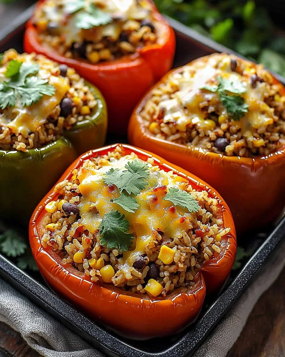Vegetarian stuffed bell peppers filled with rice, beans, and spices