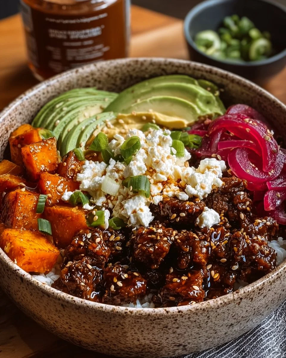 Protein Hot Honey Beef Bowl with sweet and spicy flavors loaded with protein.