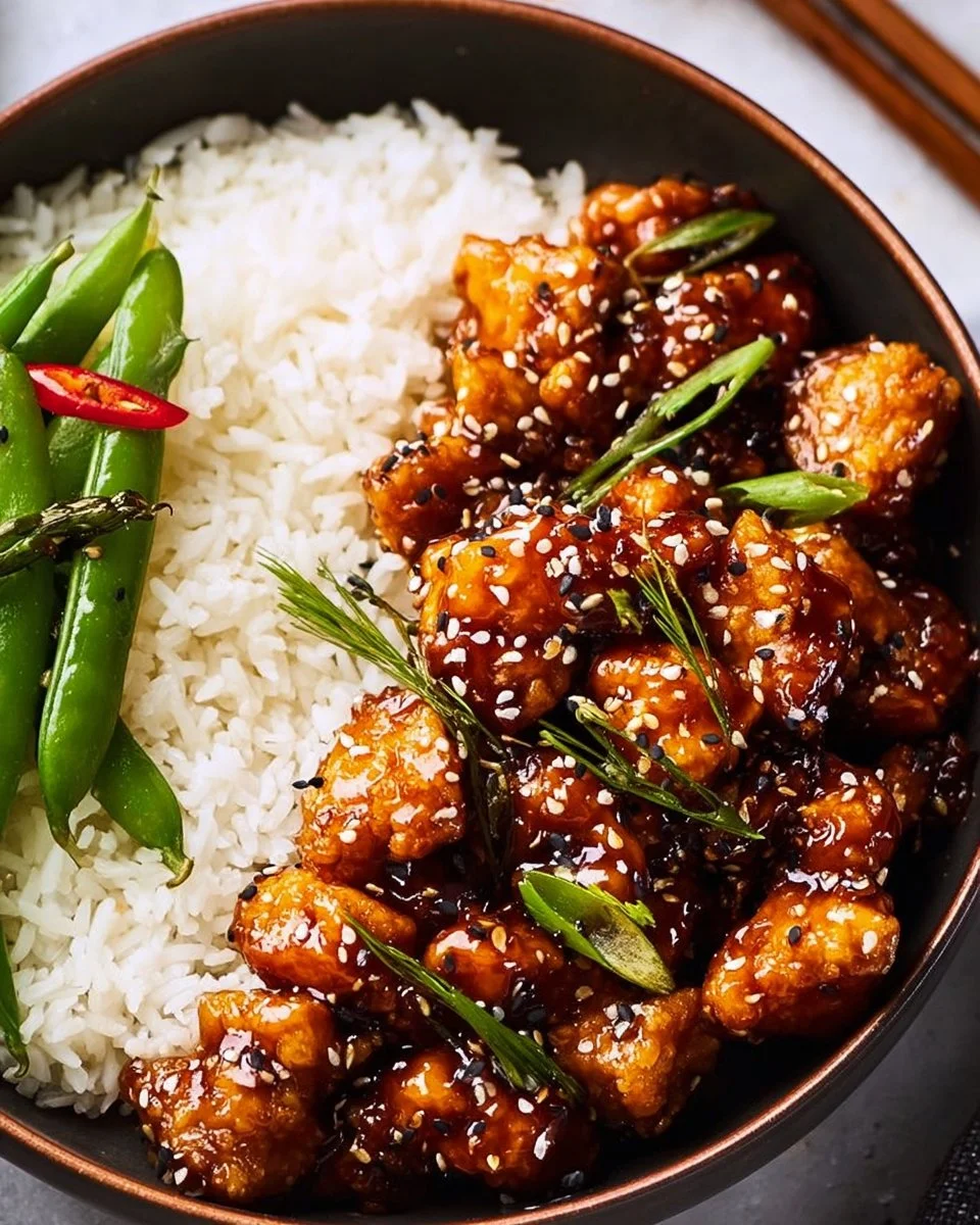 High protein sesame chicken dish with colorful vegetables and sesame seeds