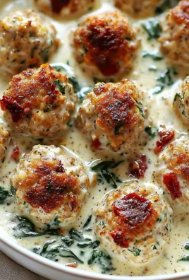 Baked chicken ricotta meatballs served with spinach Alfredo sauce.