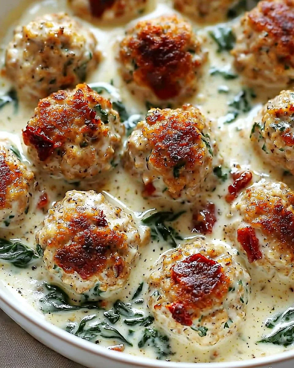 Baked chicken ricotta meatballs served with spinach Alfredo sauce.