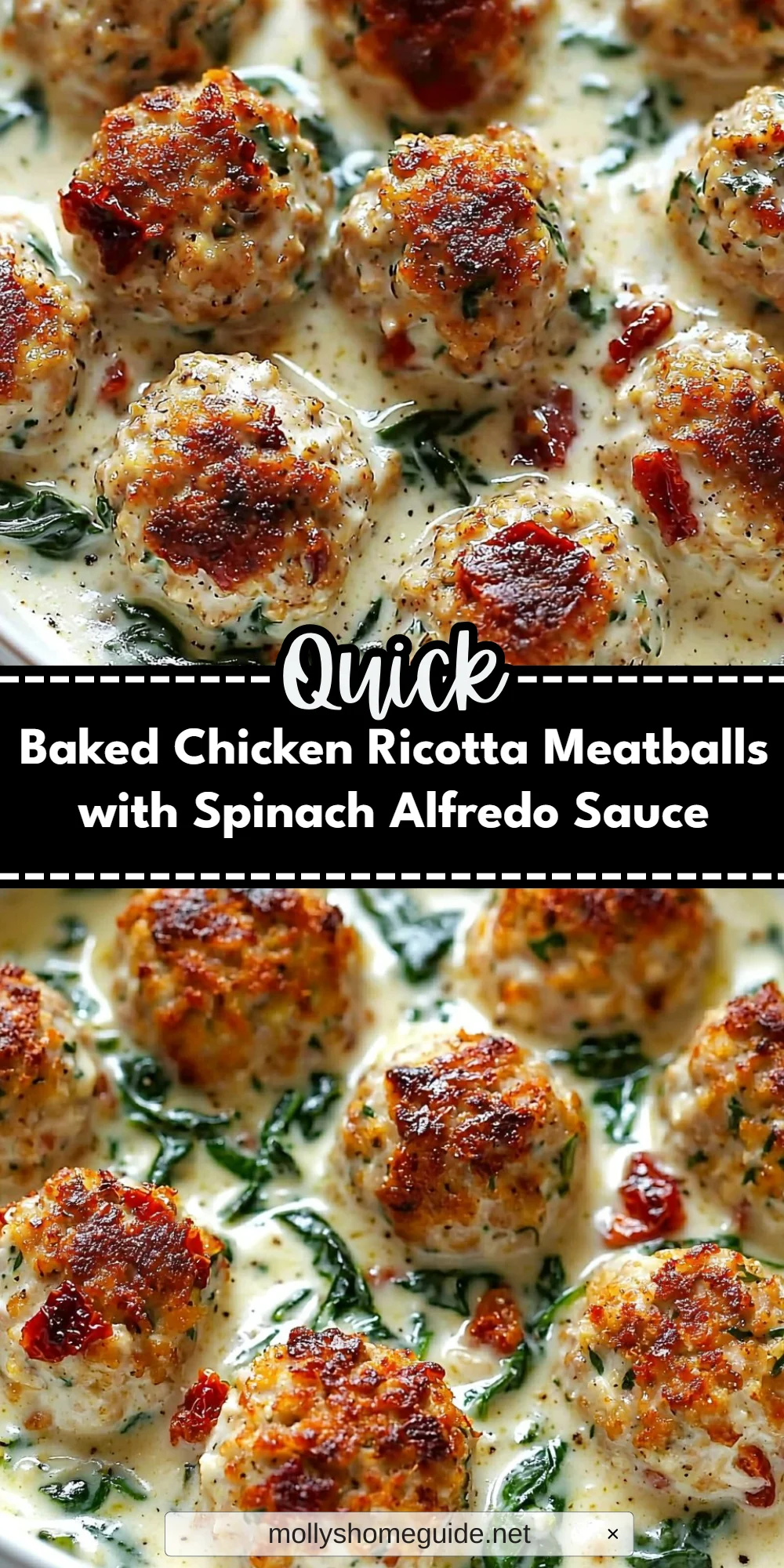Baked Chicken Ricotta Meatballs with Spinach Alfredo Sauce