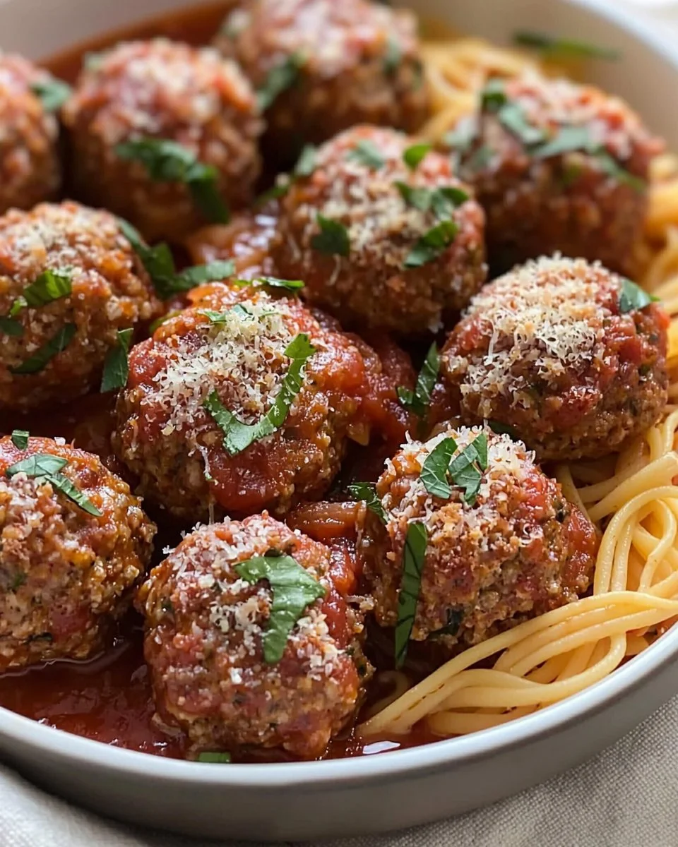 Baked Italian meatballs served with marinara sauce and spaghetti