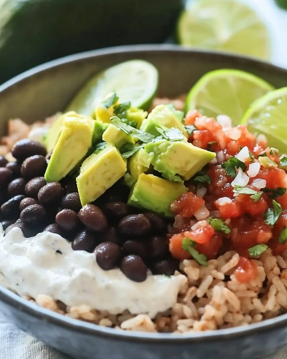 Colorful bean and rice burrito bowls topped with fresh ingredients.