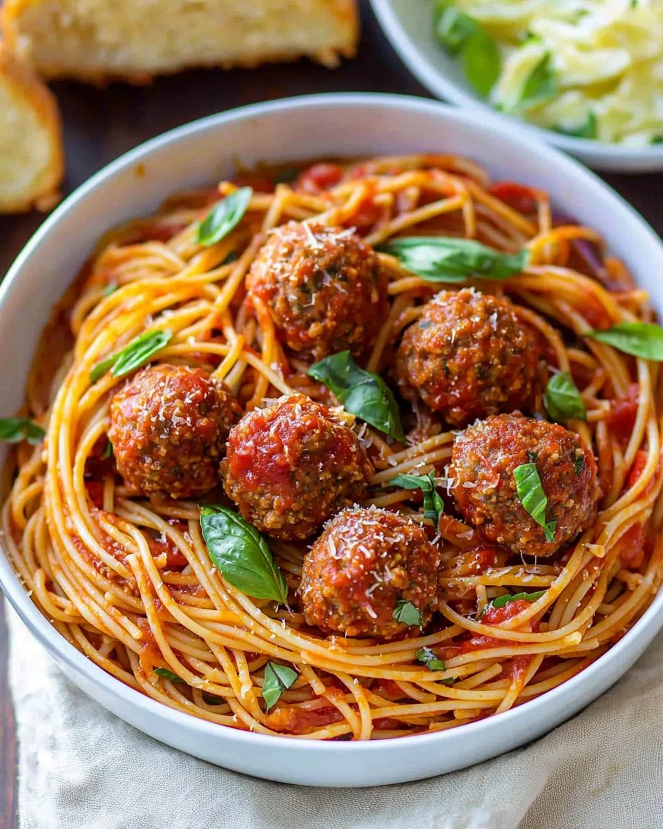 Plate of homemade spaghetti and meatballs with marinara sauce and herbs