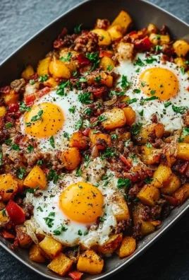 A colorful plate of breakfast hash with eggs, potatoes, and vegetables.