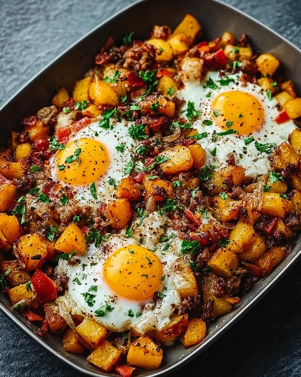 A colorful plate of breakfast hash with eggs, potatoes, and vegetables.