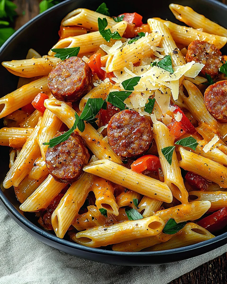 Creamy Cajun Sausage Pasta dish served in a bowl with herbs and spices