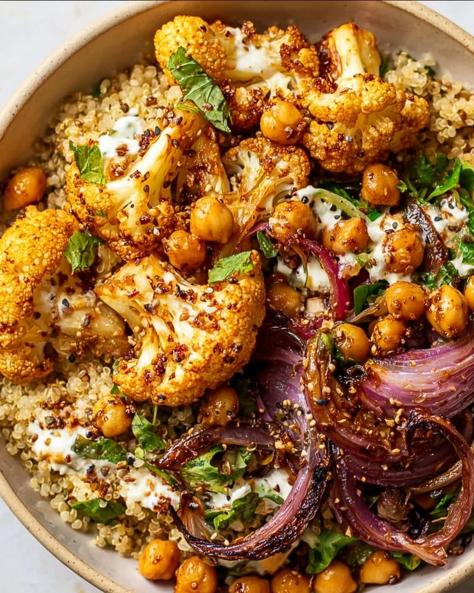 Cauliflower Shawarma Bowl served on a sheet pan with colorful vegetables