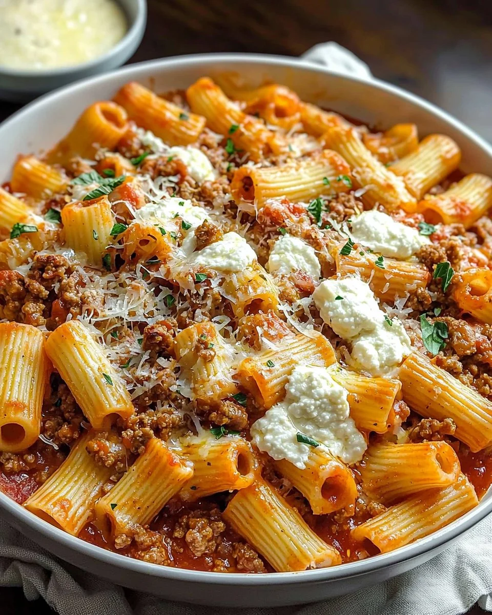 Cheesy baked rigatoni with ground beef topped with melted cheese