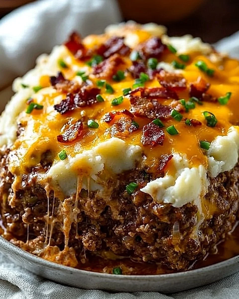 Delicious Cheesy Loaded Meatloaf Casserole topped with melted cheese and herbs