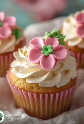 Delicious Cherry Blossom Cupcakes topped with pink frosting and cherry blossoms