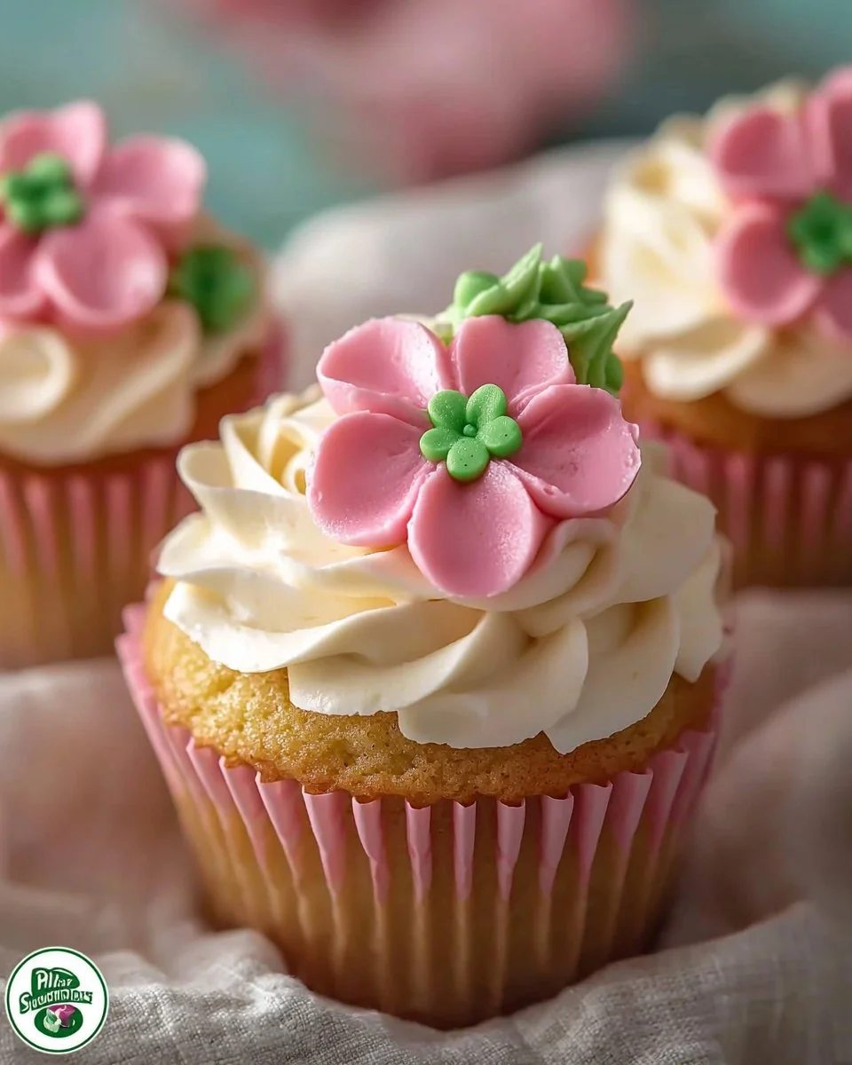 Delicious Cherry Blossom Cupcakes topped with pink frosting and cherry blossoms